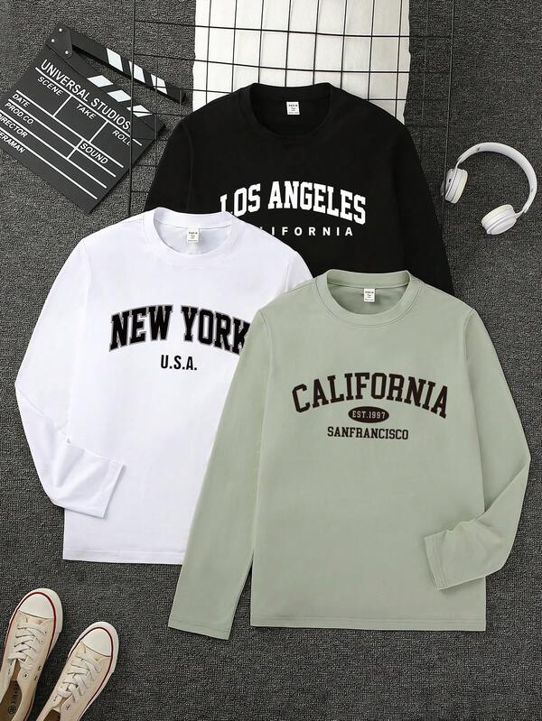 SHEIN Explorewe 3 peças de camisetas de manga comprida folgadas para meninos adolescentes com estampas de slogans de Los Angeles, Califórnia e Nova York, pretas, brancas, verdes, casuais, modernas, adequadas para viagens, uso diário, uso em casa, festas e roupas esportivas