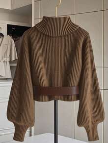 GlowEve Women's Fashion Versatile Sweater With Collar, Metal Buttons And Lantern Sleeves - Coffee Brown - View 2