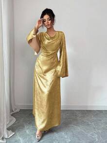 Elenzga Elegant långklänning med draperad krage, öppna ärmar och åtsittande midja, rygglöst knytband för kvinnor, vår/höst - Guld - Visa 7