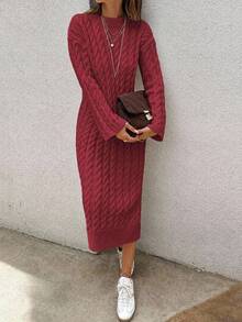 EURMUSE Women's Knitwear Long Dress With Cable Pattern - Burgundy - View 8