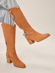 Styleloop Sepatu Bot Ankle Wanita Ujung Bulat Hak Tinggi Blok Cokelat Gaya Retro dengan Tali Gesper, Sepatu Bot Koboi, Sepatu Bot Setinggi Lutut, Sepatu Bot Berkuda, Cocok untuk Festival Musik dan Liburan, Gaya Barat - Coklat - View 7