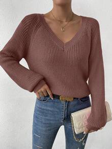 SHEIN LUNE Áo len chui đầu dáng rộng cổ chữ V tay raglan đơn giản, màu trơn, dễ mặc hàng ngày dành cho nữ, mùa thu/đông - Màu hồng gỉ - Xem 4