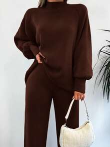 EURMUSE Mock Neck Lantern Sleeve Sweater & Knit Pants - Brown - View 3