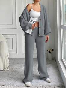 EURMUSE 2 件套女式纯色前扣长袖毛衣上衣和裤子套装 - 淺灰色 - 查看 4
