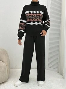 EURMUSE Women's Geometric Pattern High Neck Sweater 2pcs/Set - Black - View 4