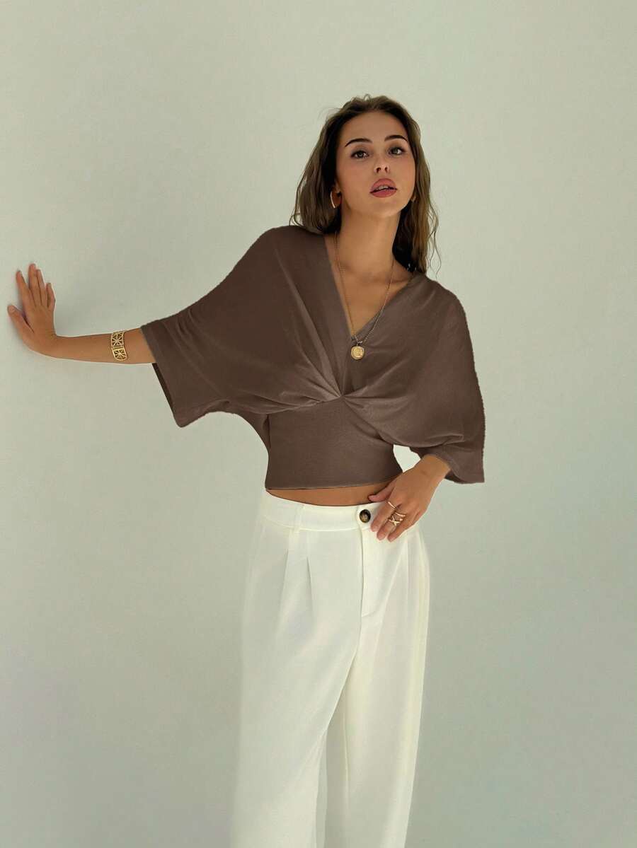 Aloruh Áo thun chui đầu màu trơn cổ chữ V trễ vai tối giản mới, nhún eo, đa năng khi đi làm