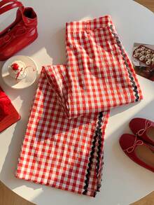 Comfortcana Women's Patchwork Wavy Ribbon Plaid Wide Leg Loose Casual Pants, Christmas