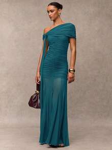 SHEIN BAE Women's Solid Color Ruched Asymmetric Elegant Dress - Teal Blue - View 7