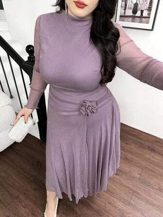 Modelyn Elegante vestido de manga larga con abertura frontal y diseño floral 3D, talla grande