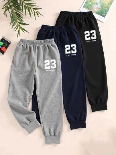 SHEIN 3 件套男童海军蓝、黑色、灰色休闲运动裤，简约街头风格图形 23 设计，适合户外运动、日常穿着、所有季节、学校和街头复古基本款