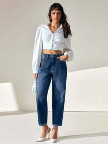 High Waist Folded Hem Loose Mom Jean - Blue - View 5