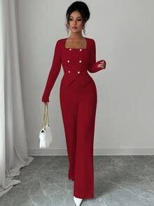 Elenzga 2件組女款時尚深紅色紋理套裝，雙排扣西裝外套與高腰直筒長褲，優雅派對秋冬通勤上班穿搭 - 紅色 - 查看 6