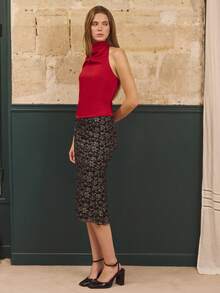 lacRébo Black Fitted Midi Skirt In Metallic Floral Lace Chic Party Skirt Evening Skirt Business Casual Skirt Shiny Skirt Autumn Winter - Black - View 3