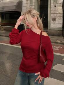 Turnttoni Women's Solid Color Asymmetric Neck Ruffle Short Sleeve T-Shirt, Summer - Burgundy - View 5