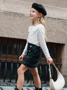 SHEIN Elladie kids 女童格子百褶迷你裙，轻薄透气，夏季款 - 綠色 - 查看 4