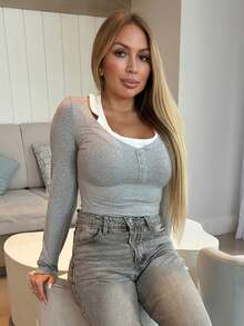 Cioccolato Vintage amerikanischer Stil Farbblock Langarm T-Shirt, lässiges schlank geschnittenes Top, Herbst