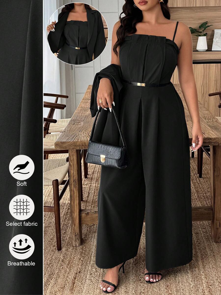 Weeklong 大码女式纯色翻领长袖外套和褶裥连体裤优雅两件套，秋季 - 黑色 - 查看 1