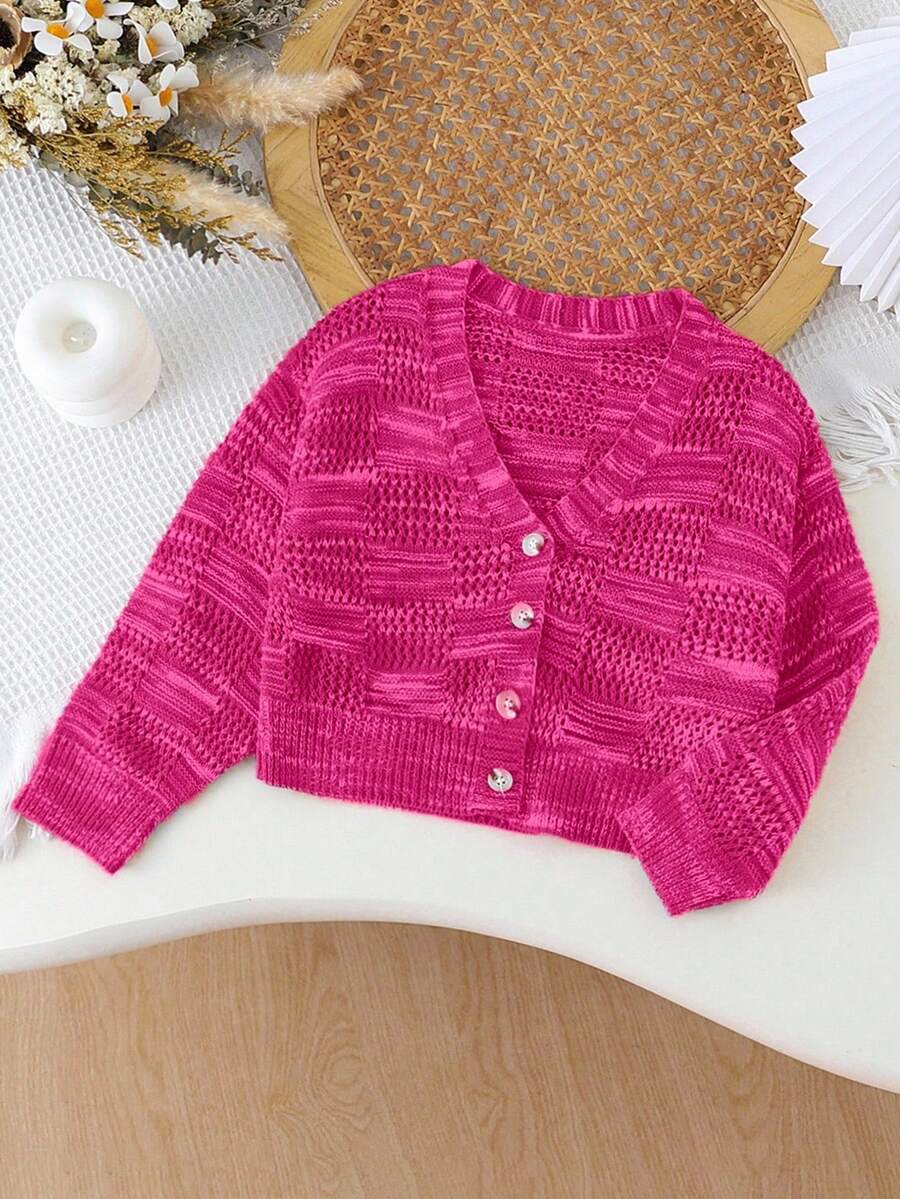 SHEIN Playful Pals 年轻女孩开衫，时尚新款可爱手工花卉针织长袖毛衣外套，秋冬 - 玫紅色 - 查看 1