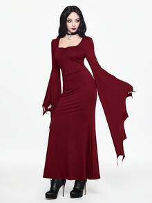 ROMWE Đầm cổ vuông tay loe màu đen phong cách Gothic Dark Party dành cho nữ - Màu Đỏ Sâu - Xem 5
