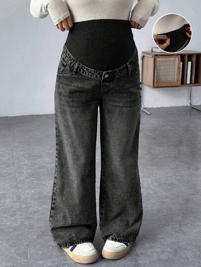 SHEIN Pantalon ample en patchwork de tricot gris et denim bleu vintage pour femme enceinte