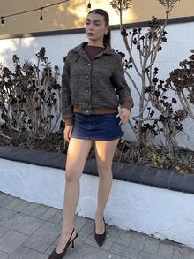 Andrea Bello Nueva chaqueta/abrigo de mujer de diseño de botones, manga larga, ajustado, de estilo casual y elegante con cuello vuelto y estampado a cuadros, para otoño/invierno - Marrón - Ver 6