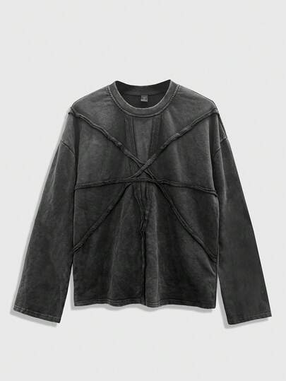 Street Life Men's Punk Loose Fit Drop Shoulder Washed Long Sleeve T-Shirt, Fashion Street Style, Spring/Autumn