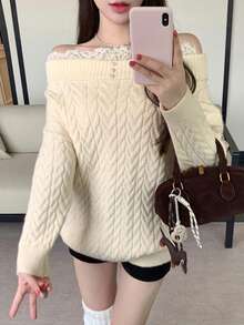 DAZY Women's Autumn/Winter Lace Patchwork Off Shoulder Cable Knit Loose Pullover Sweater, Casual & Elegant Cute Tops - Apricot - View 2