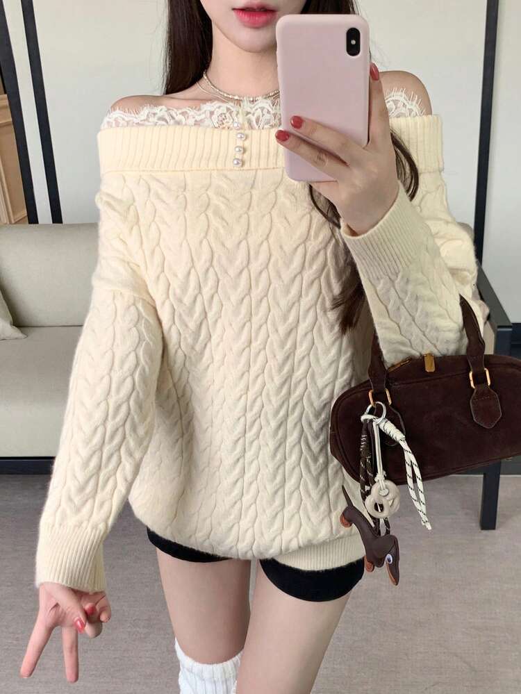Women's Autumn/Winter Lace Patchwork Off Shoulder Cable Knit Loose Pullover Sweater, Casual & Elegant Cute Tops