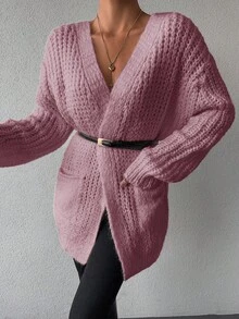 SHEIN Solid Color Pocket Long Sleeve Cardigan - Dusty Pink - View 5