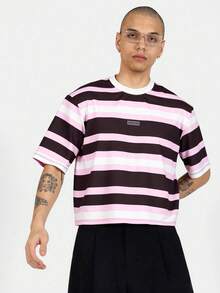 SUMWON Stylish Oversized Boxy Cropped T-Shirt Striped Summer Street Style Casual Skater Fashion Festival Streetwear - Pink - View 1