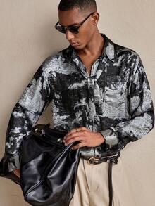 AKNOTIC Men's Allover Print Long Sleeve Shirt, Christmas Party Banquet Business Casual Single-Breasted Top, Boyfriend Gift Holiday - Black - View 4