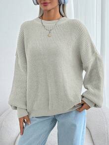 EURMUSE Women Solid Color Round Neck Drop Shoulder Chunky Pullover - Cream - View 7