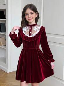 SHEIN Tween Girl Elegant Collared Colorblock Lace Ruffle Velvet Christmas Holiday Mid-Length Dress