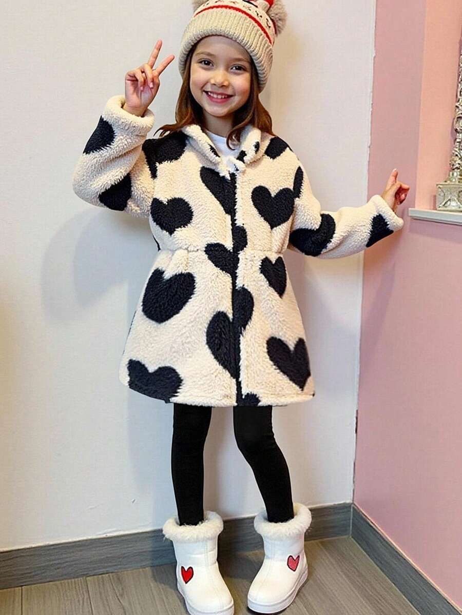 SHEIN Elladie kids 年轻女孩 1 件毛绒保暖经典街头风格连帽长袖外套年轻女孩蓬松外套 - 卡其色 - 查看 1