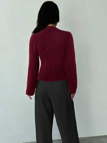 Firerie 女式深花 V 领金属纽扣前长袖毛衣上衣，日常工作服针织套头衫，春秋冬新品 - 酒紅色 - 查看 3