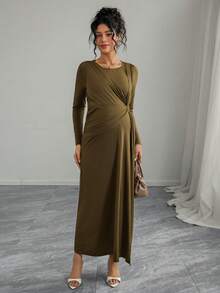 SHEIN Maternity Solid Color Minimalist Daily Wear Round Neck Long Sleeve Dress - Army Green - View 3
