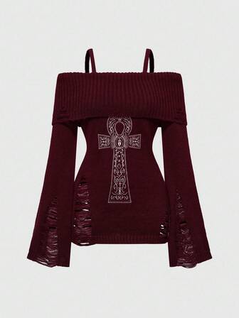 Goth Maglione canottiera con spalle scoperte, design ricamato a croce ankh e strappi, stile punk per Ognissanti