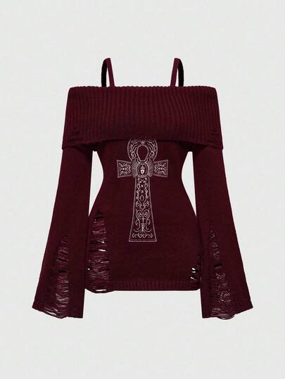 Goth Halloween Punk Ripped Design Ankh Cross Embroidery Cinched Off-Shoulder Camisole Sweater