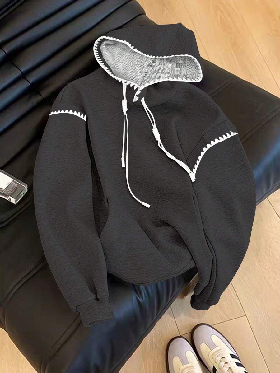 GlowEve Contrast Trim Hooded Casual Pullover Sweatshirt - Dark Grey - View 1