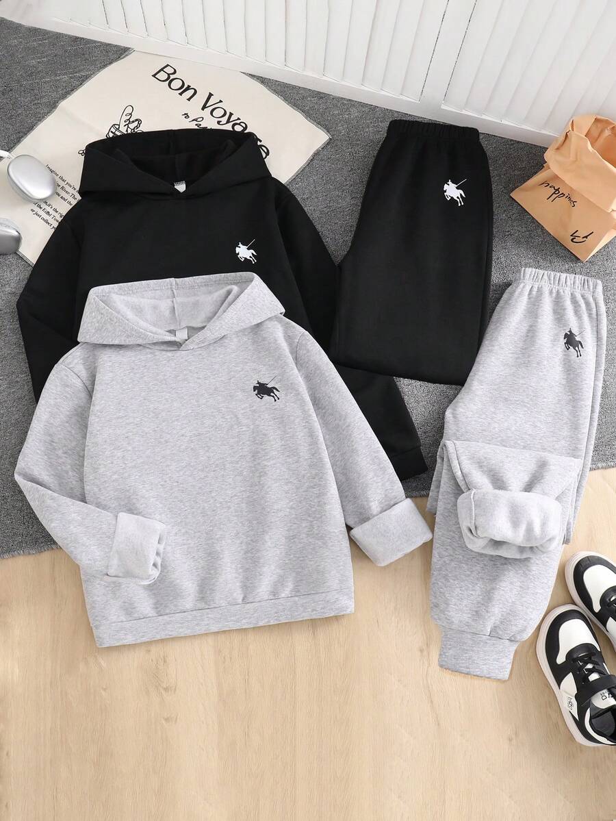 2pcs/Set Teenage Boys' Casual Fleece Hoodie & Elastic Waist Sweatpants Set, Loose Fit, Graphic Print, Sporty & Collegiate Style - Multicolor - View 1