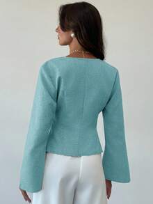 Aloruh New Stylish Commuter Waist Ruched Asymmetric Hem Long Flare Sleeve V-Neck Pullover Blouse - Teal Blue - View 2