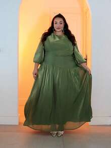 Pretty and Ole Váy dài màu xanh ô liu bóng cỡ lớn dành cho nữ, cổ tròn, nhún eo, tay bồng, thanh lịch và đa năng - Màu xanh Ô liu - Xem 4