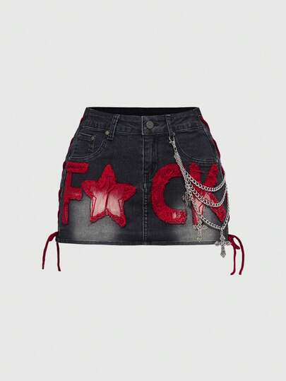 J-Fashion Y2K Retro Low-Waist Contrast Color English Letter Print Red Denim Mini Skirt For Women
