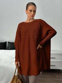 EURMUSE Women Drop Shoulder Cable Rib Knit Sweater Pullover - Rust Brown - View 2