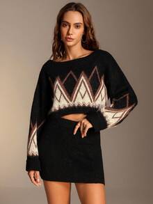 Chiquease Women's Holiday Party Elegant 2 Pieces Sweater Set, Long Sleeve Knitted Two Piece Outfit Long Sleeve Two Piece Set Two Piece Set Women Skirt Crop Sweater Women Sweater Dresses Winter Clothes For Women  Winter Clothes  Brown Skirt  Brown Sweater - Multicolor - View 5