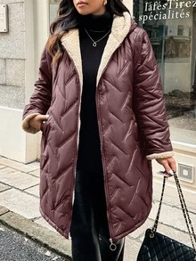 EMERY ROSE Plus Size Winter Clothes Casual Hooded Thermal Lined Padded Padded Coat - Burgundy - View 6