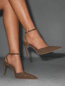 CUCCOO SZL Champagne Satin Color Block Rhinestone Embellished Pointed Toe Stiletto Hollow Out Formal Pumps