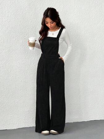 SHEIN EZwear Women's Black Minimalist Casual Jumpsuit, Autumn,Fall