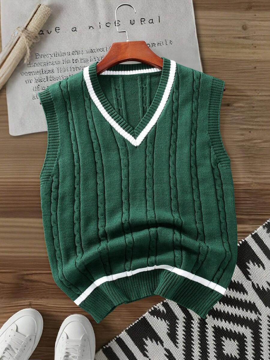 Manfinity Hypemode 男士休闲粗针织V领毛衣背心，秋季 - 墨綠色 - 查看 1