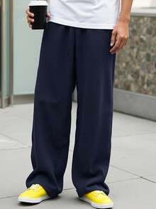 SHEIN 青少年男孩简约廓形海军蓝运动裤，休闲、舒适、时尚、百搭、面料柔软，适合日常穿着、上学、旅行、户外运动、秋冬 - 藏蓝色 - 查看 2